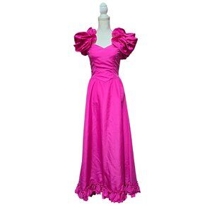 Vtg Union Made ILGWU Ball Gown Dress Sz 8 Flowers Puffy Sleeves Hot Pink Ruffle